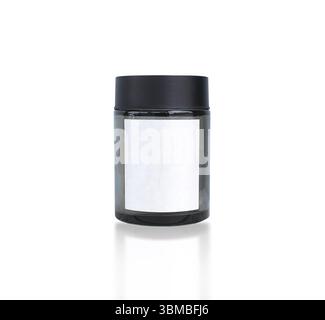 Clear Black Glass Container, A transparent cylindrical glass container with a blank white label and a black lid, isolated on white include clipping pa Stock Photo