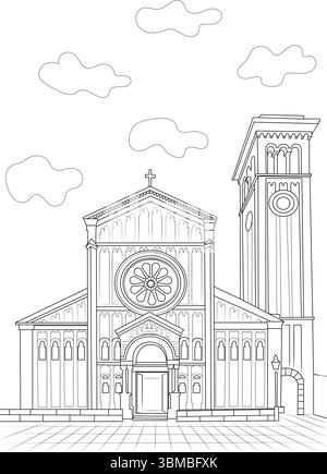A black and white line art illustration depicting the exterior of a grand cathedral, featuring a prominent tower, detailed facade with a rose window, Stock Vector