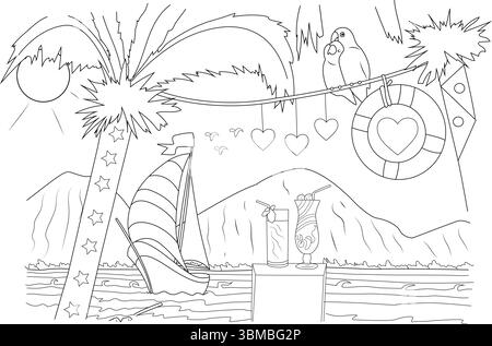 A hand-drawn line art illustration capturing a serene tropical paradise scene. The image features a pair of love birds perched on a branch adorned wit Stock Vector