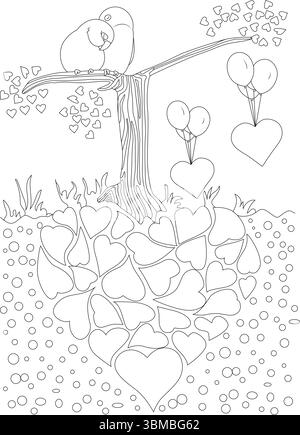 Detailed black and white line art drawing depicts two adorable love birds sitting together on a tree branch. The tree is decorated with heart shapes, Stock Vector