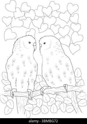 Simple black and white line art illustration of two cartoon-style budgie parrots, also known as love birds, sitting together on a branch. The backgrou Stock Vector