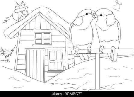 Black and white line art illustration featuring two adorable birds shown as a couple, possibly lovebirds, perched on a rail in front of a rustic woode Stock Vector