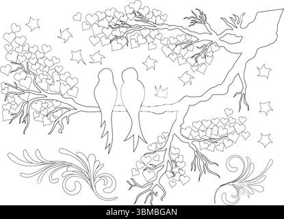 Black and white outline illustration of two stylized birds perched on a branch. The tree features abundant heart-shaped leaves. The scene is enhanced Stock Vector