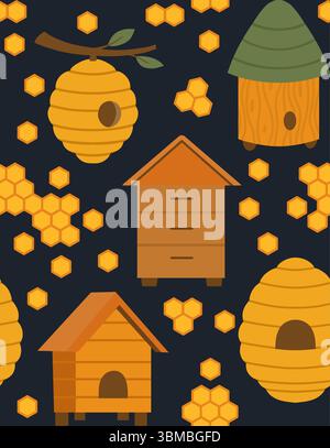 Vector beekeeping seamless pattern. Texture with houses for bees, apiaries, beehive, honeycombs on dark background for wallpaper, fabric Stock Vector