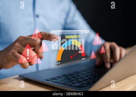 Risk management alert dashboard with warning sign and decision Stock Photo