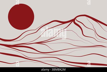 Mountains with line wave pattern and red sun, japanese style design mountain art Stock Vector