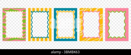 Set of retro wavy frames. Trendy borders with groovy patterns. Modern graphic template. Stock Vector