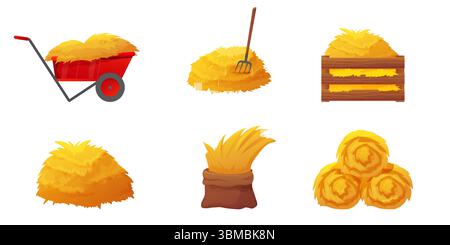 Hay bale and straw bundle collection. Rural farming elements like hayricks, corn crops, rake, and wheelbarrow. Flat vector set for agriculture, pasture, or ranch use. Isolated on white. Vector illustration Stock Vector