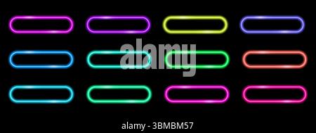Bright neon rectangle frames with laser light effect. Vector design for tech and club themes Stock Vector