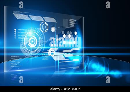 3D holographic interface panel is floating over reflective floor, showing HUD rings and world map Stock Photo
