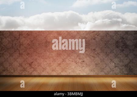 Textured plaster wall sitting on warm wood plank floor, contrasting cloudy sky in flat design Stock Photo