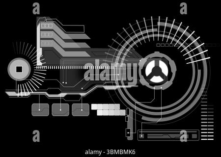 Flat design digital HUD dashboard is showing concentric arcs and circuitry lines on black backdrop Stock Photo