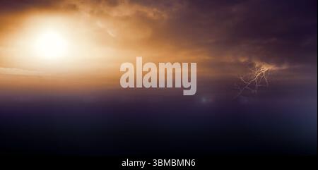 Flat-design sea is showing sun disc piercing left clouds, amber-purple horizon, lightning streaking Stock Photo