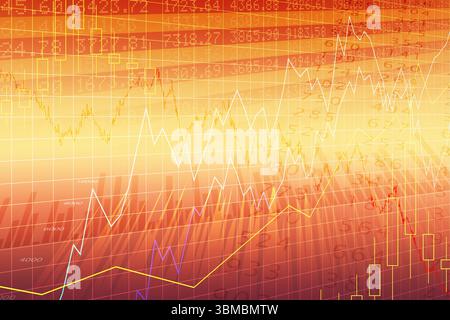 Multi-line financial chart is displaying flat design with colored lines, grid and candlesticks Stock Photo
