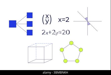 Educational math equations and geometric shapes 2D cartoon objects set Stock Vector