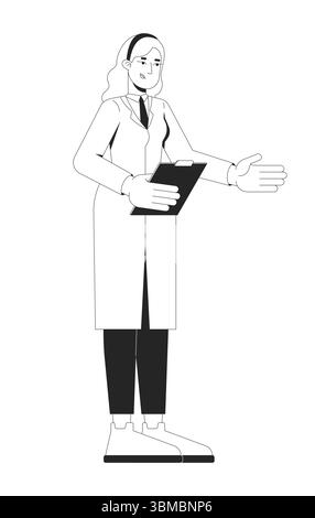 Blonde woman scientist holding clipboard in lab coat 2D line character Stock Vector