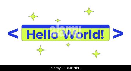 Hello world text coding banner in sparkles and code brackets 2D cartoon object Stock Vector