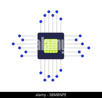 Central microchip with extending circuit nodes 2D cartoon object Stock Vector
