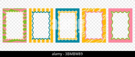 Set of retro wavy frames. Trendy borders with groovy patterns. Modern graphic template. Stock Vector
