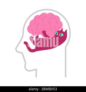 Cat and brain in head. Pet and brains. Concept: thoughts of cat lover Stock Vector