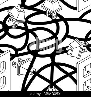 Plug and socket pattern seamless. Tangled wires background.  Electrical appliances connected to network texture Stock Vector