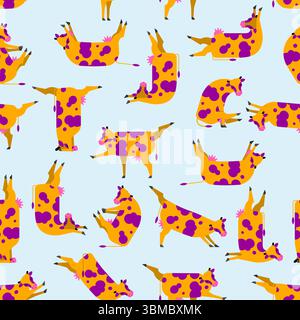 Cow yoga pattern seamless. Rural yogi background. Cows doing relaxing gymnastics texture. Cattle relax ornament Stock Vector