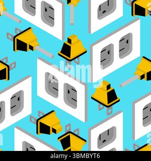Plug and socket pattern seamless. Electrical appliances connected to network background Stock Vector