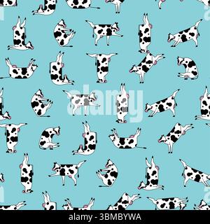Cow yoga pattern seamless. Rural yogi background. Cows doing relaxing gymnastics texture. Cattle relax ornament Stock Vector