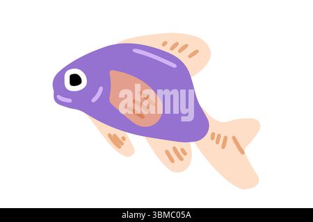 Cartoon Purple Tropical Fish Icon. Cute stylized purple fish with peach fins and details. Flat cartoon illustration, isolated on white background. Stock Vector