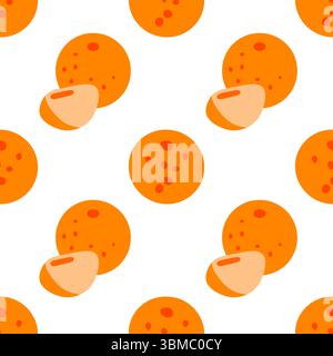 Seamless Cartoon Orange Fruit Pattern. Bright flat pattern with whole and halved oranges on white background. Flat cartoon seamless citrus fruit desig Stock Vector