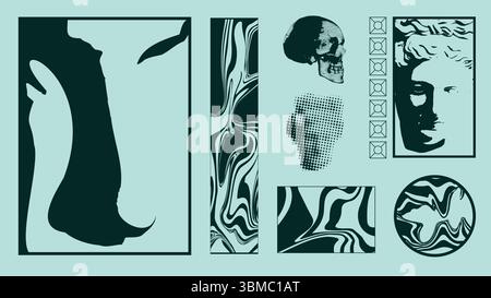 Brutalist classical collage with skull and fluid marble on aqua grid background. Fashion backdrops Stock Vector