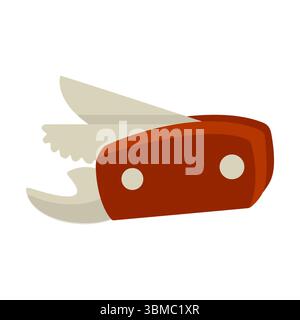 Cartoon Camping Multi Tool Icon. Flat cartoon illustration of a folding multi-tool with blade, saw and opener. Brown-red handle, isolated on white bac Stock Vector