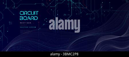 Circuit Board BG, Big Data Processing, Glow Grid Wavy Lines Backdrop. Futuristic Neural Network Flow On Dark Blue Tech Background for AI, Machine Stock Vector