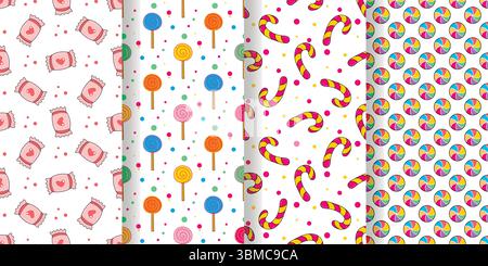 Delicious sweets and candies seamless patterns set. Bright lollipops, lollipops, candy canes, caramel on white background. Yummy candy print Stock Vector