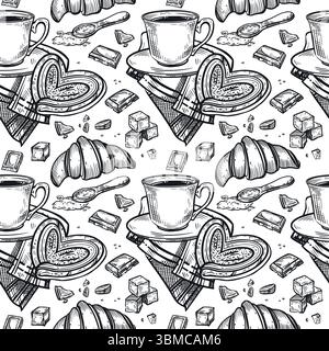 Seamless pattern on the theme of tea drinking, a cup of tea or coffee, a napkin, lump sugar, chocolate slices, sweet buns, croissants. The Stock Vector