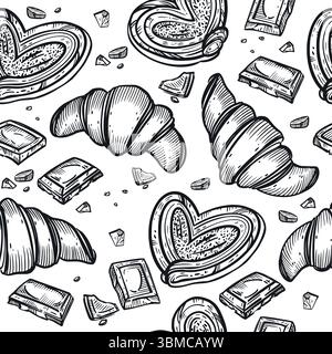 Seamless vector pattern. Fresh pastries and sweets, buns, croissants, chocolate slices. All objects are hand-drawn in vector. For printing on Stock Vector