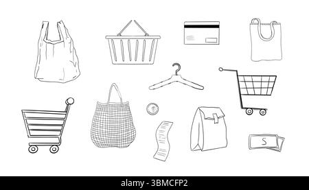Stylish set of hand-drawn ecommerce and retail elements discount tag, sketchy basket, money, store icon, and coupon. Isolated art for modern market and purchase design. Vector illustration Stock Vector