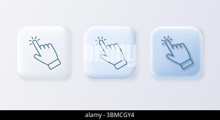 Set of square click here buttons with a pointing outline hand cursor. Vector 3D illustration. Stock Vector