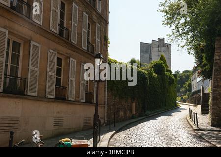 A charming Parisian street scene featuring a cobblestone road, an old beige building with white shutters, and a lush ivy-covered wall. The sunlight ca Stock Photo