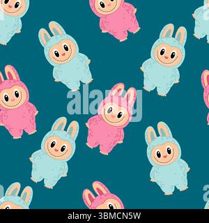 Vector illustration of a seamless pattern with hand drawn pink and blue Labubu character toys with big ears and expressive faces. Repeating design on Stock Vector