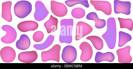 Set of organic irregular mesh pink gradient blob shapes with noise. Random deform spot fluid circle Isolated on white background. Organic amoeba Stock Vector