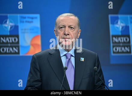 Turkish President, Recep Tayyip Erdoan, holds a press conference after participating in the NATO Turkish President, Recep Tayyip Erdoan, holds a press conference after participating in the NATO Heads of State and Government Summit in The Hague, Netherlands, on June 25, 2025. Photo by Turkish presidency  apaimages Hague Hague Netherlands 250625 Netherlands TPO 1 00 2 Copyright: xapaimagesxTurkishxpresidencyxxapaimagesx Stock Photo