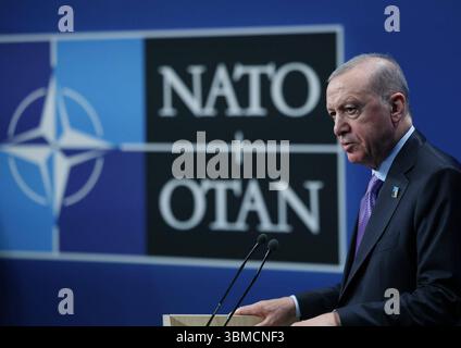 Turkish President, Recep Tayyip Erdoan, holds a press conference after participating in the NATO Turkish President, Recep Tayyip Erdoan, holds a press conference after participating in the NATO Heads of State and Government Summit in The Hague, Netherlands, on June 25, 2025. Photo by Turkish presidency  apaimages Hague Hague Netherlands 250625 Netherlands TPO 1 00 1 Copyright: xapaimagesxTurkishxpresidencyxxapaimagesx Stock Photo