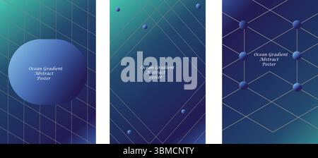 Collection Of Ocean Gradient Abstract Poster with Isometric Grid – Futuristic Tech Background Design. Stock Vector