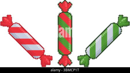 Candies in striped wrappers pixel art. Christmas sweets retro video-game asset. Stock Vector