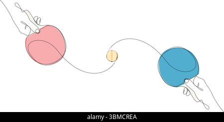 Players hands holding ping pong paddles and ball drawn by continuous line. Table tennis one line art. World Tennis Day. Popular sport concept. Vector Stock Vector