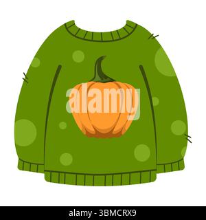 Autumn green sweater with pumpkin pattern. Flat vector illustration of warm clothes. Design element for cards, banners, stickers. Stock Vector