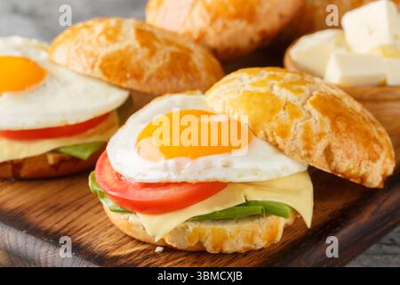 Fresh Hong Kong sandwiches made of pineapple bun with fried egg, butter, tomatoes, cheese close-up on wooden board on table. horizontal Stock Photo