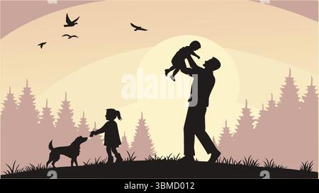 Happy Family Silhouettes Holding Hands - Diverse Parents & Children Stock Vector