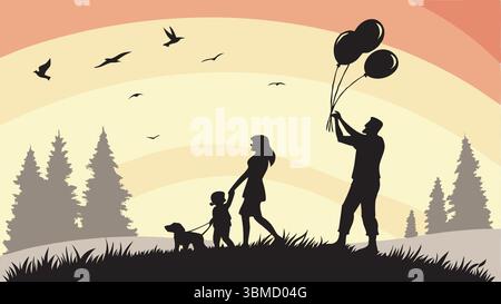 Happy Family Silhouettes Holding Hands - Diverse Parents & Children Stock Vector